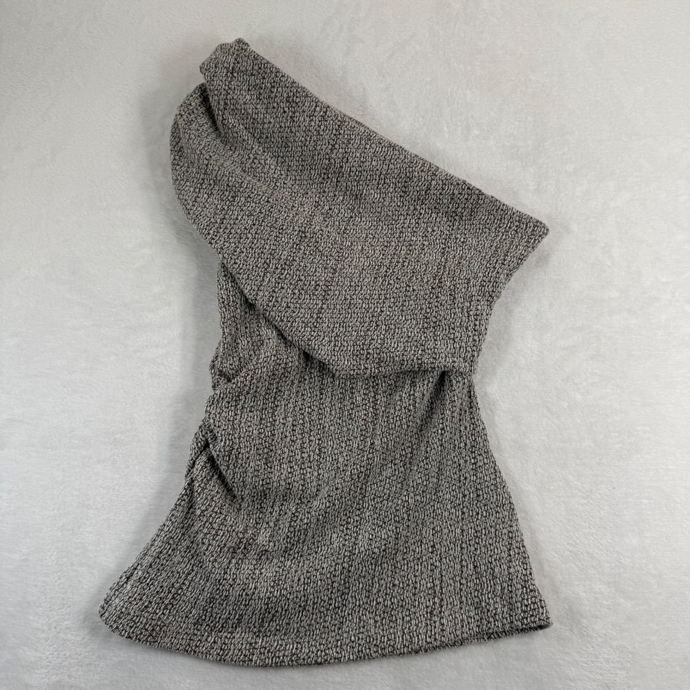 Zara Womens Large One Shoulder Ruched Textured Knit Top Brown Cream Asymmetrical